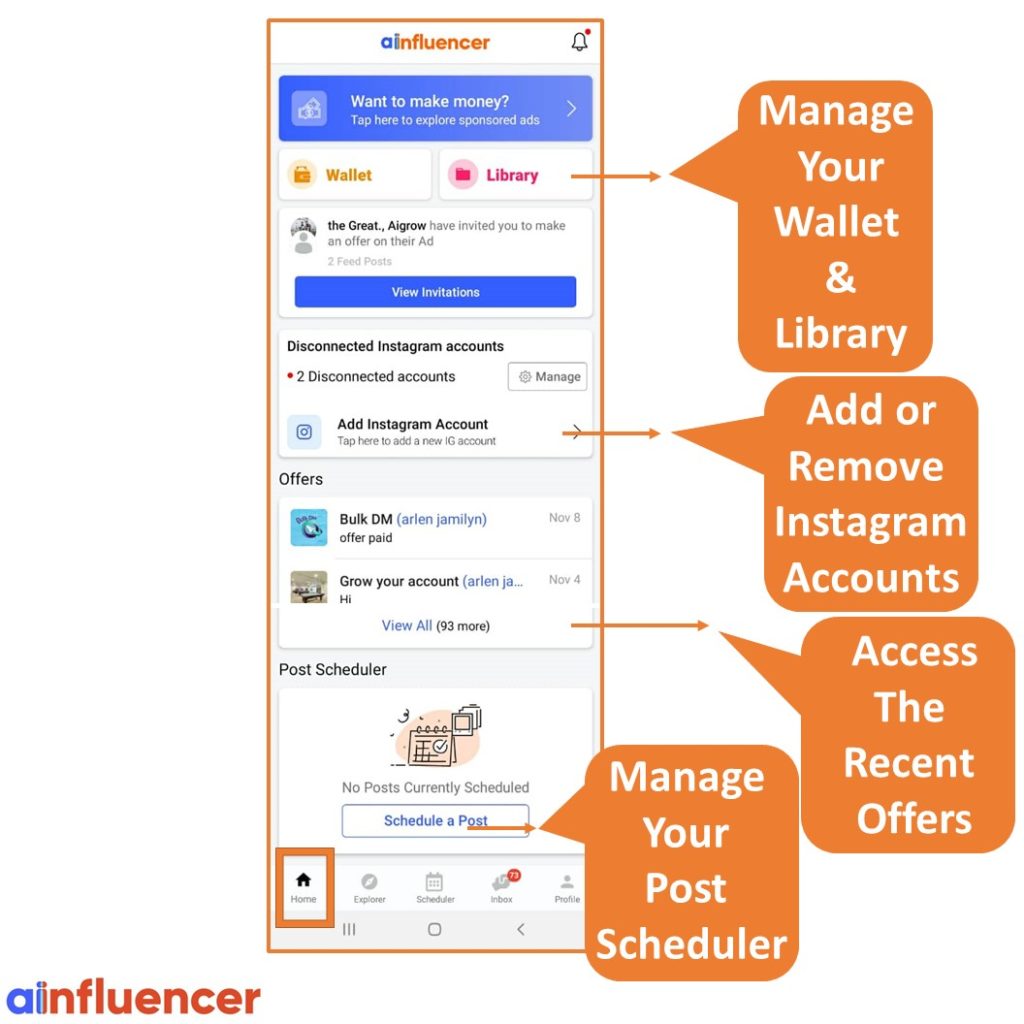 Ainfluencer’s app for influencers - Home