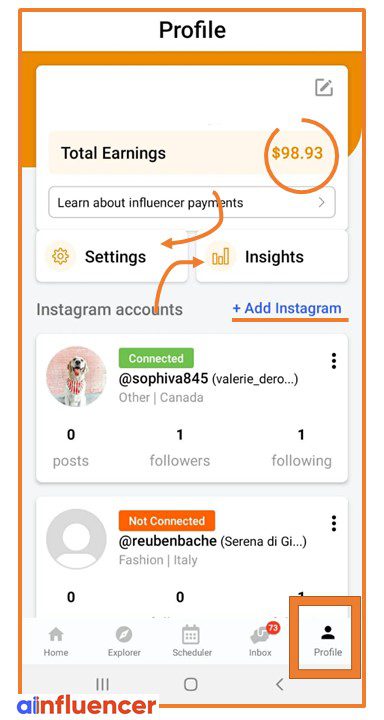 Ainfluencer’s app for influencers - Profile
