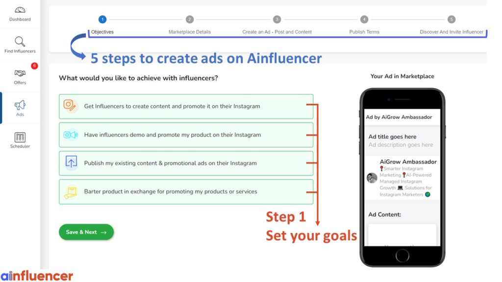 Set your goals to create an ad on Ainfluencer