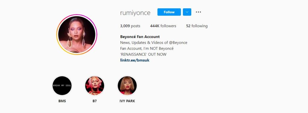 fan pages on Instagram profile