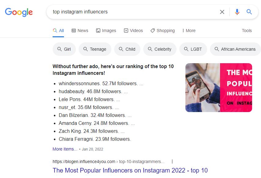 google search-top Instagram influencers