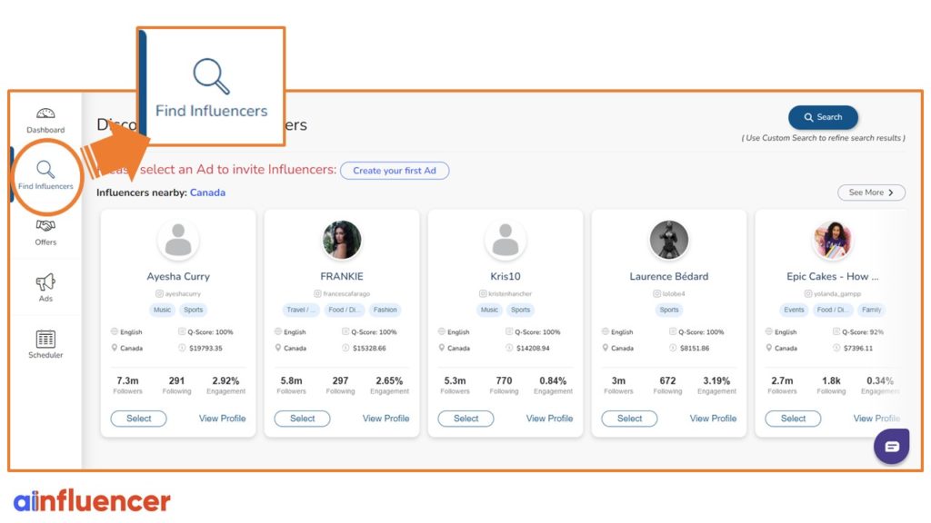 Click on the “Find Influencers” tab on your dashboard