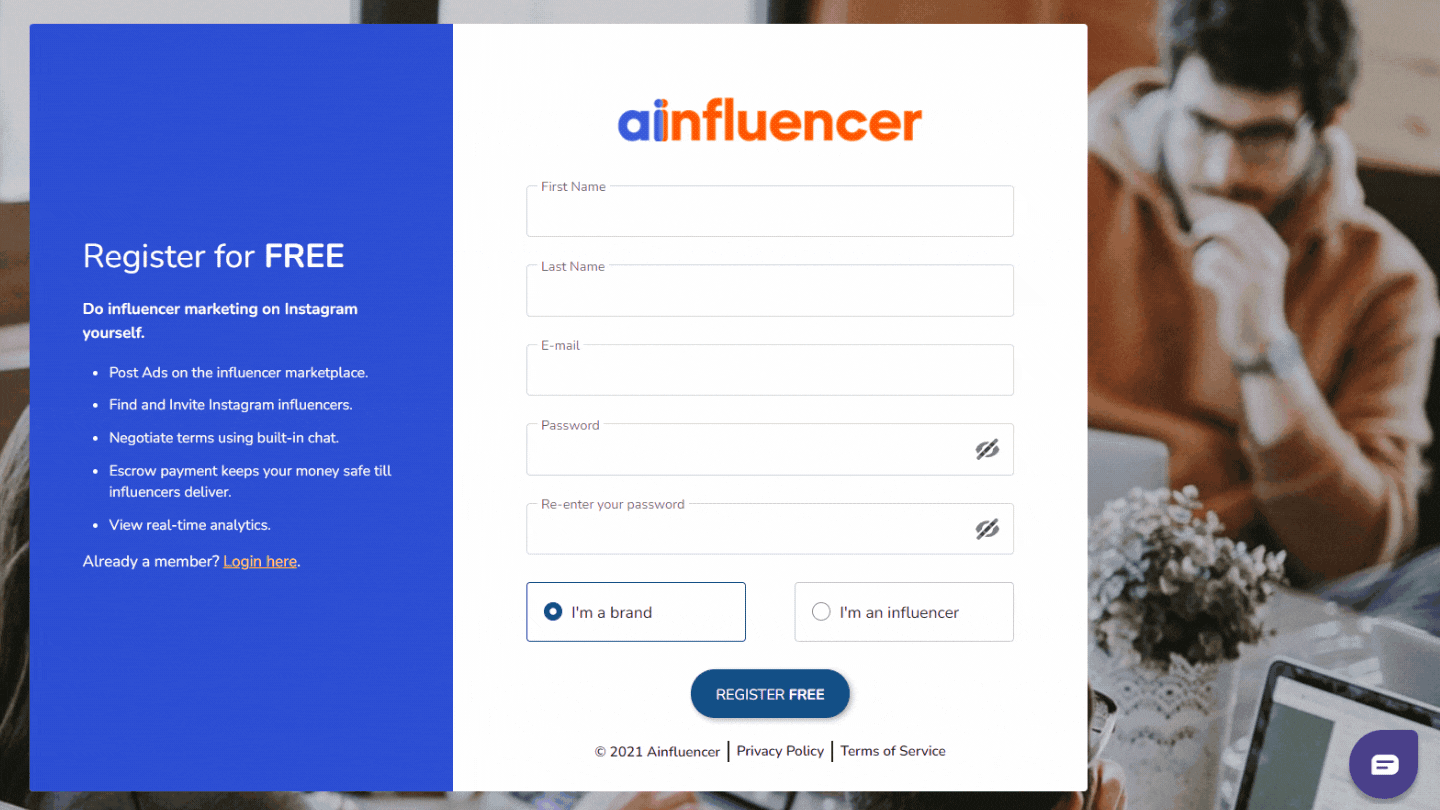 Sign up for free on Ainfluencer to Invite influencers