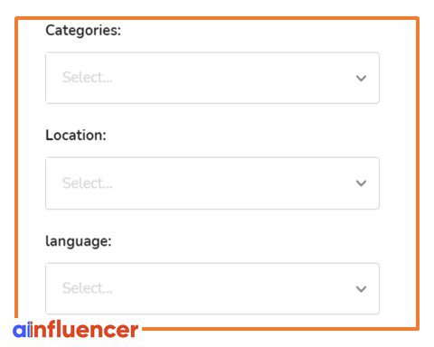 search filters to invite influencers: category, location, and language
