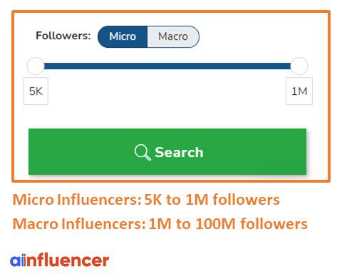 search filters to invite influencers: number of followers