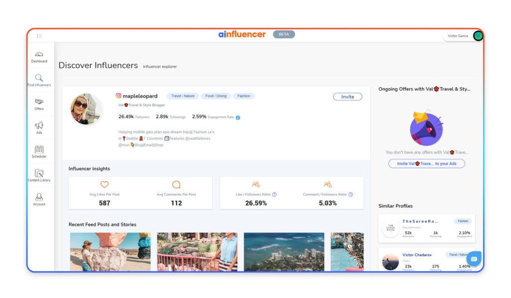 Ainfluencer has made influencer audit easier by showing key insights of every influencer's account on its platform.