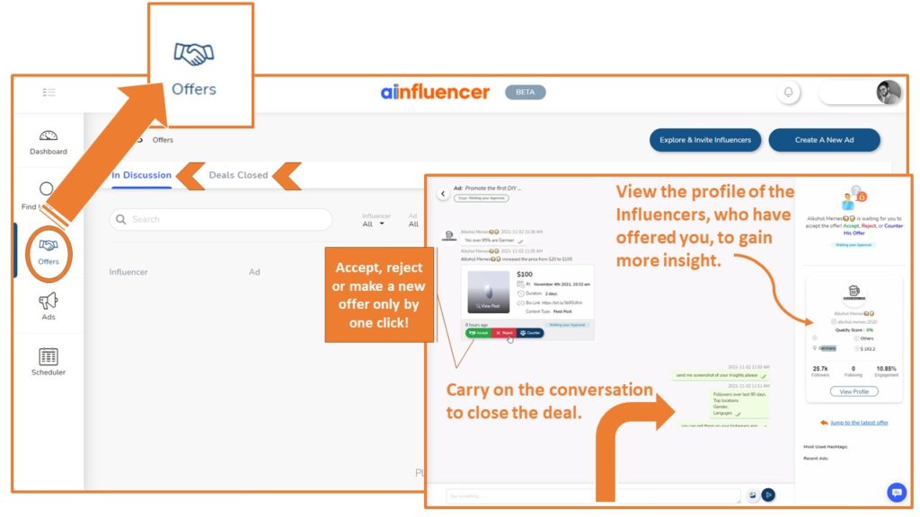 get offers from influencers on Ainfluencer marketing hub