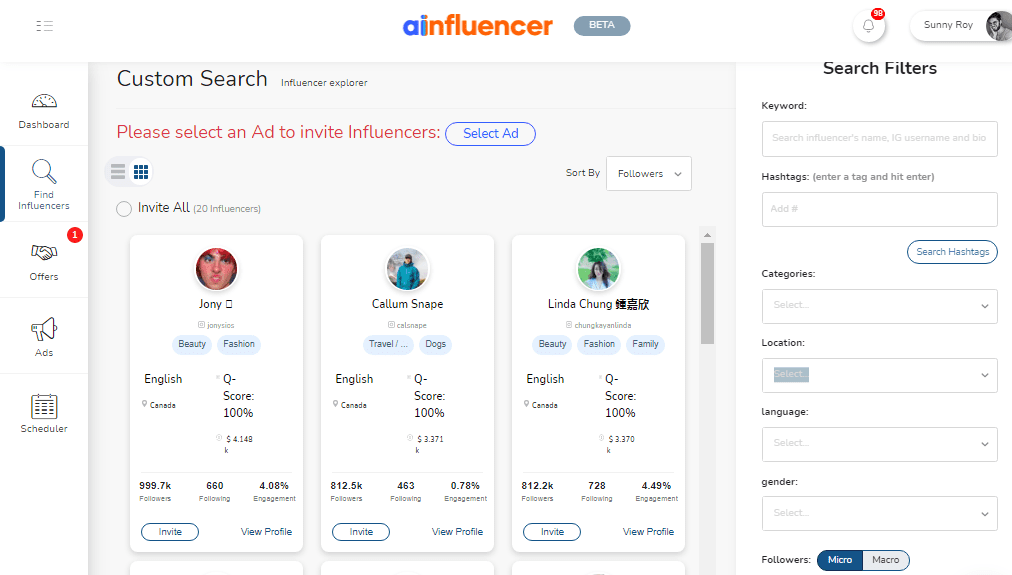 Ainfluencer- Search filters