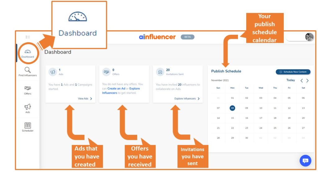 Ads, offers, invitations, and your calendar on Ainfluencer that help you find and contact the right influencers.