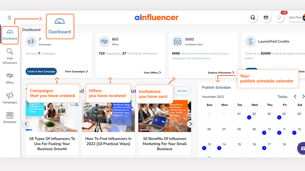 Ainfluencer’s dashboard