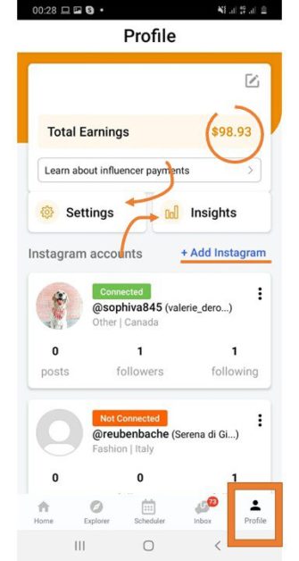 tap on the profile to add multiple Instagram accounts, manage settings and access insights