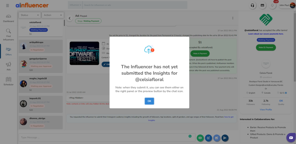 Influencer not submitting insight