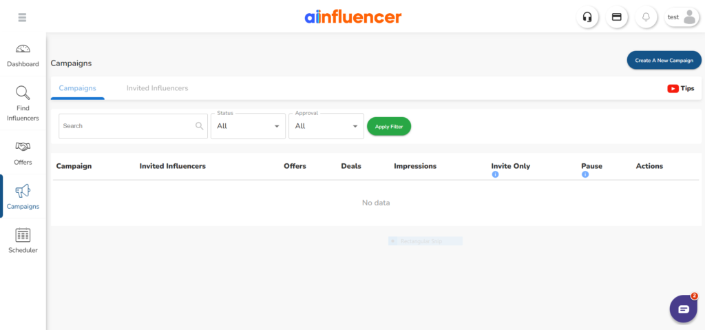 Ainfluencer dashboard- create a new campaign