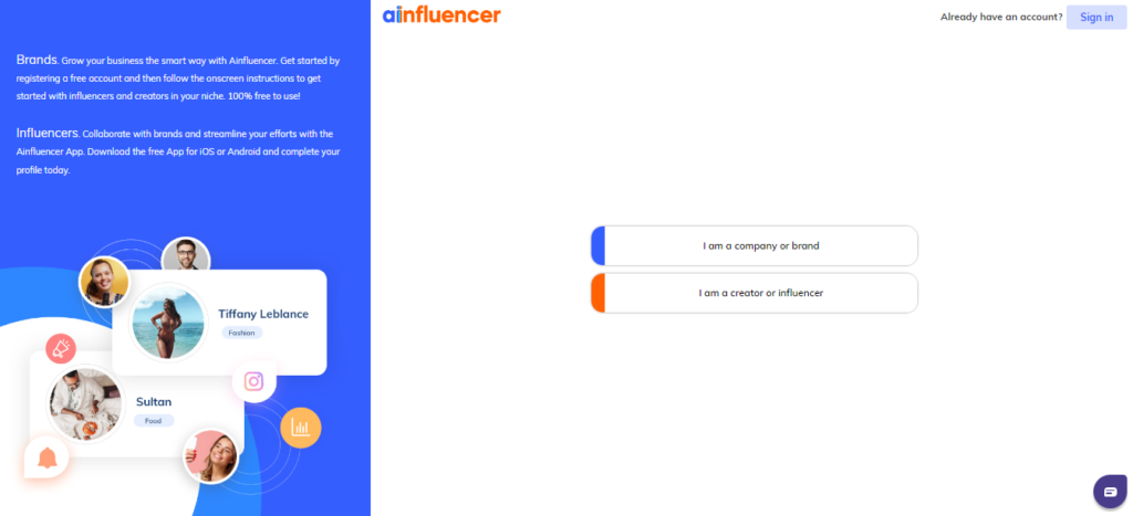 Signing up on Ainfluencer