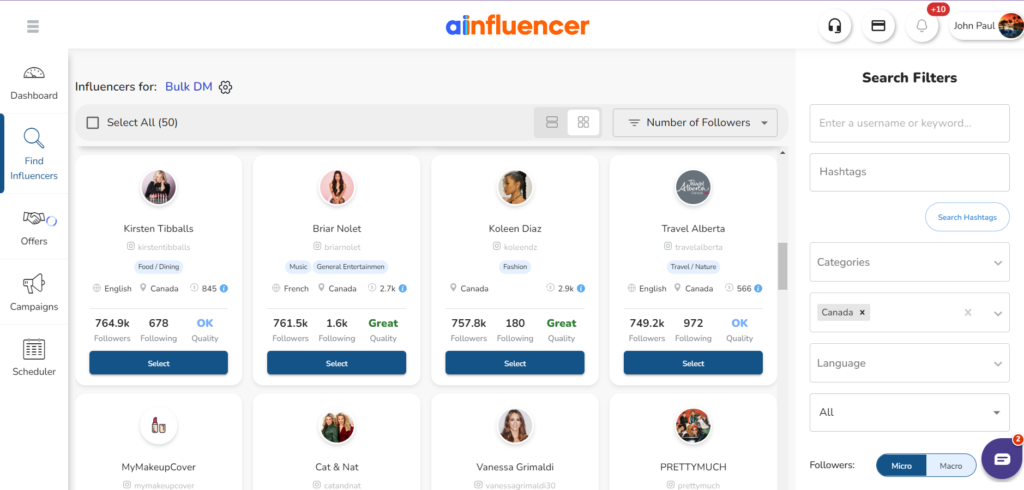 Find influencers with filters