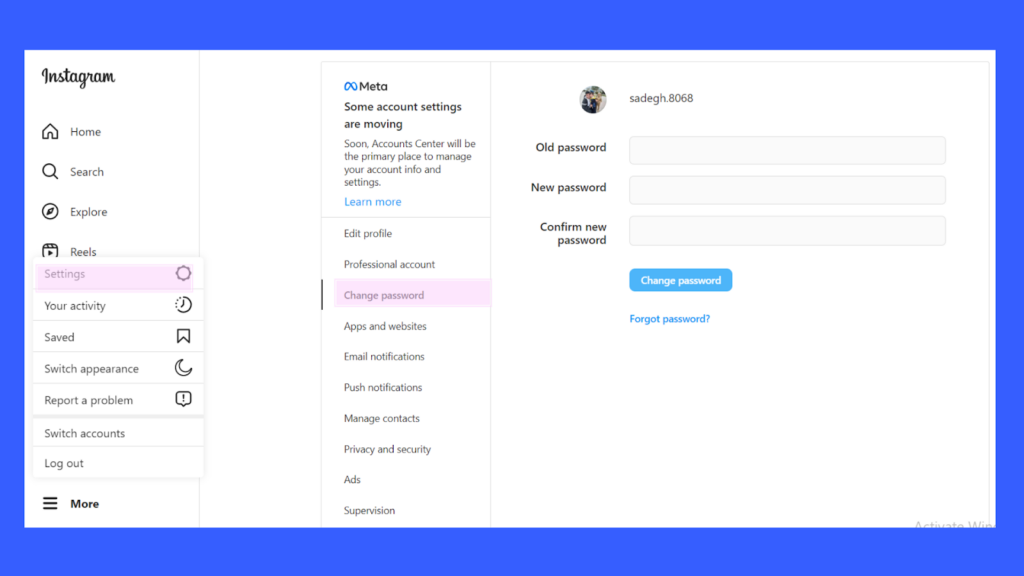 change your Instagram password on the desktop site