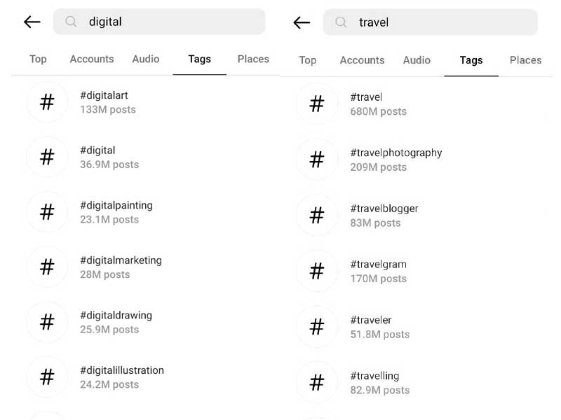 search hashtags on Instagram