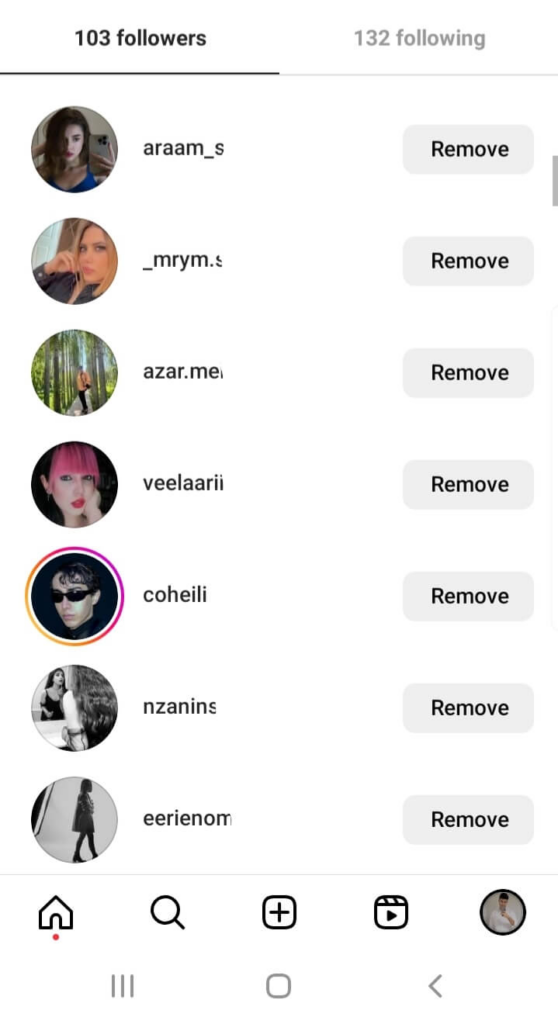 Followers list on Instagram