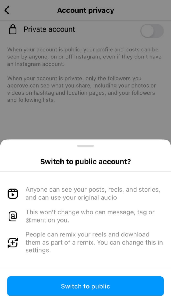 How to switch to public account on Instagram