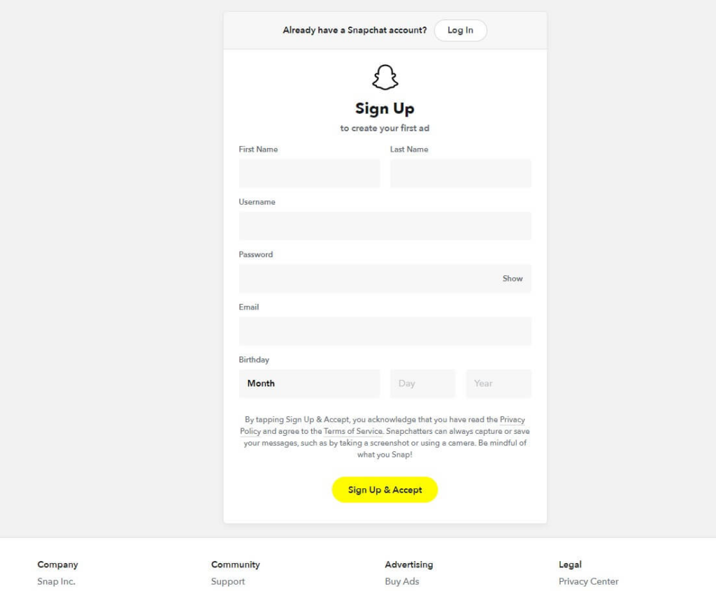 Sign up page on Snapchat Business