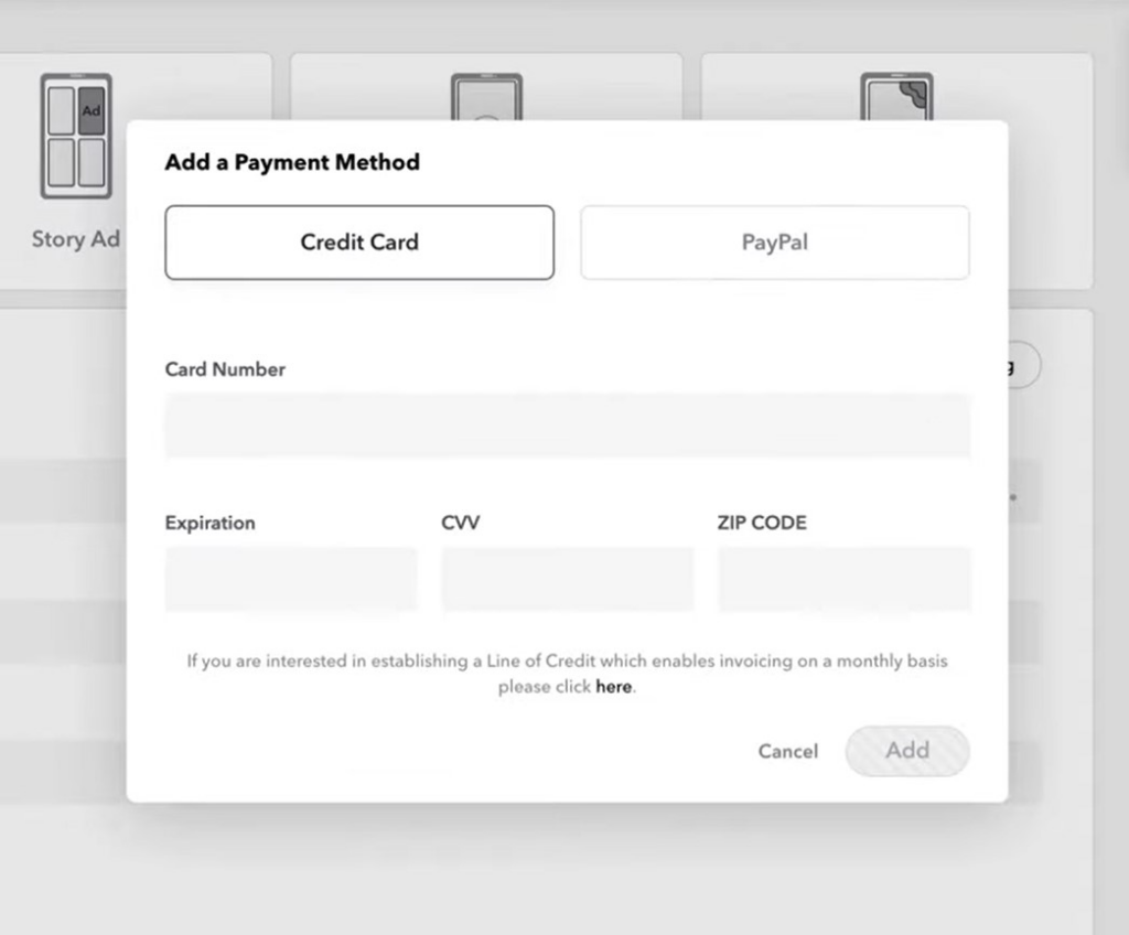 Snapchat for business - payment method