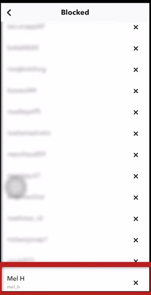 Click on X on Unblock on Snapchat