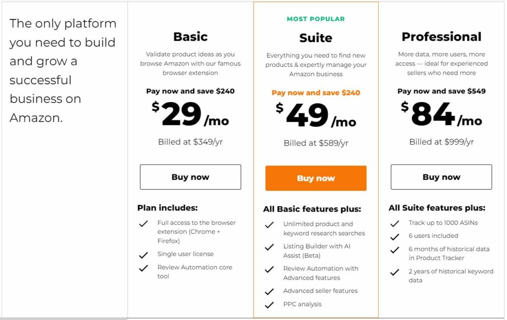 Jungle Scout pricing plans