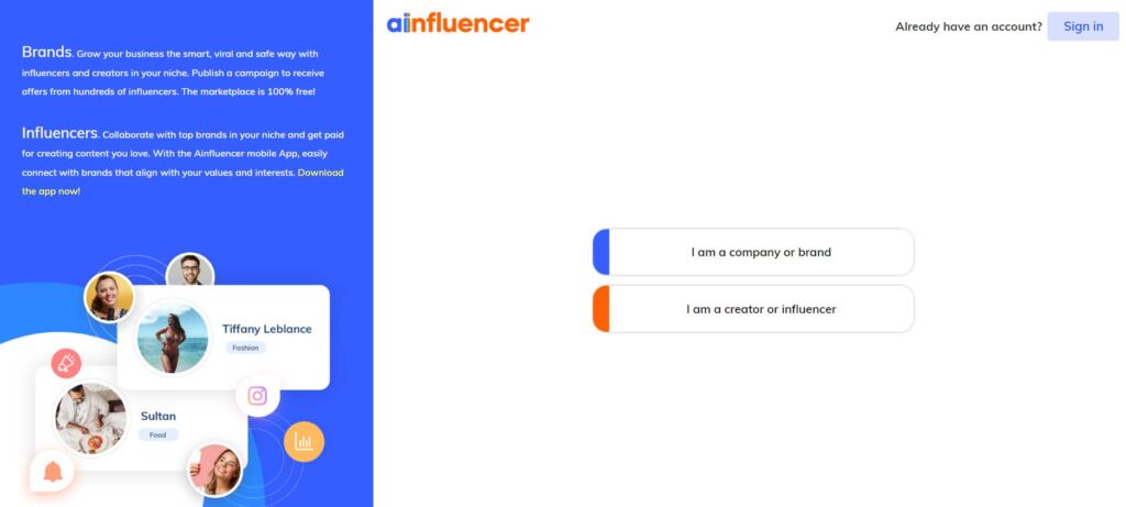 Ainfluencer registration page