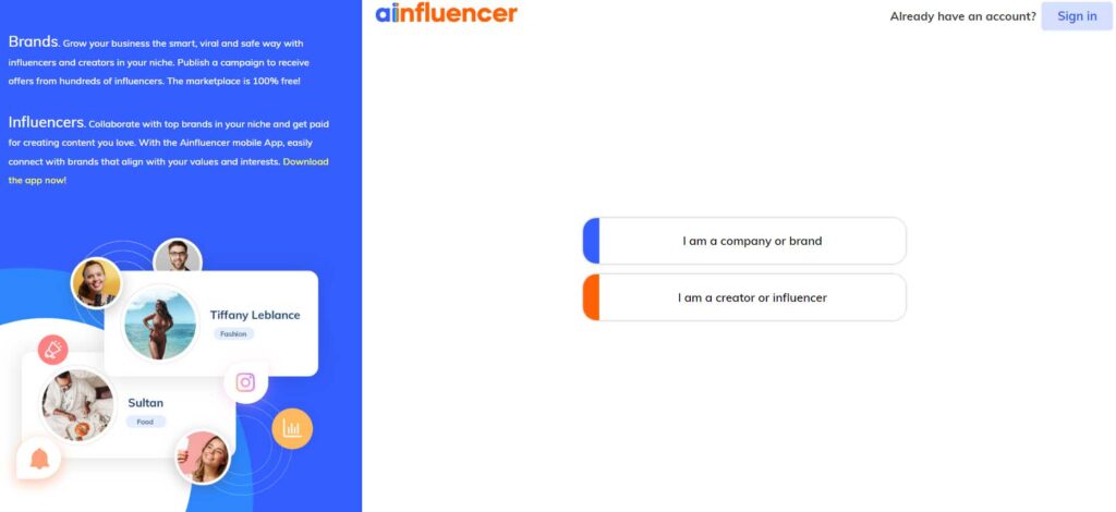 Ainfluencer Signup page