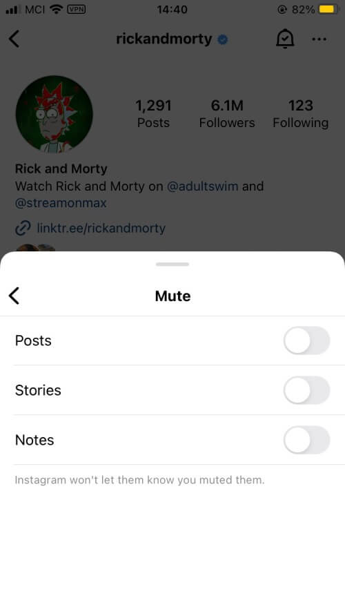 menu for muting posts, stories and notes 