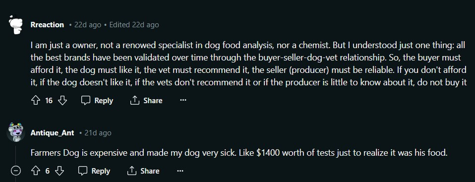a The Farmer's Dog review on reddit about how the product made a dog sick