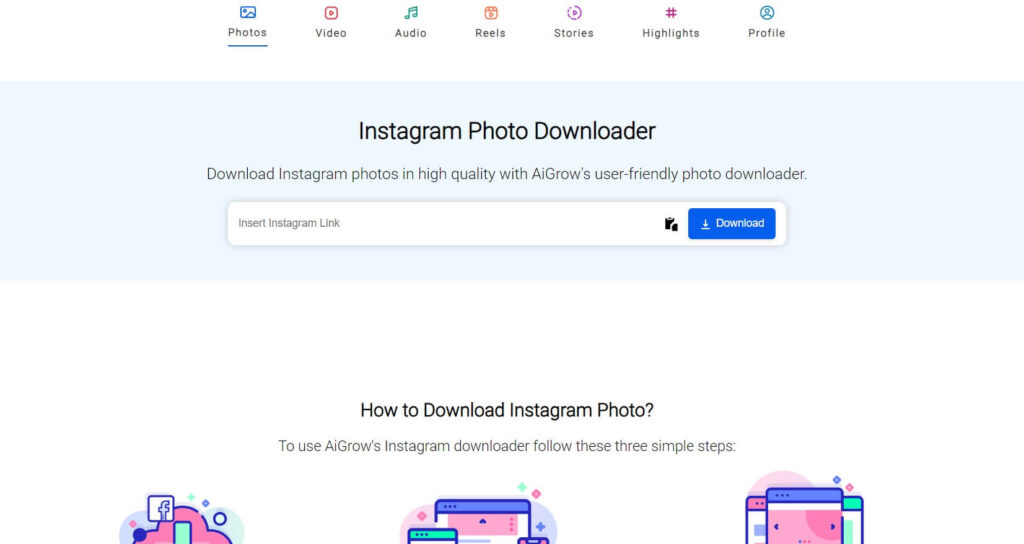 Landing page of Aigrow photo downloader for Instagram