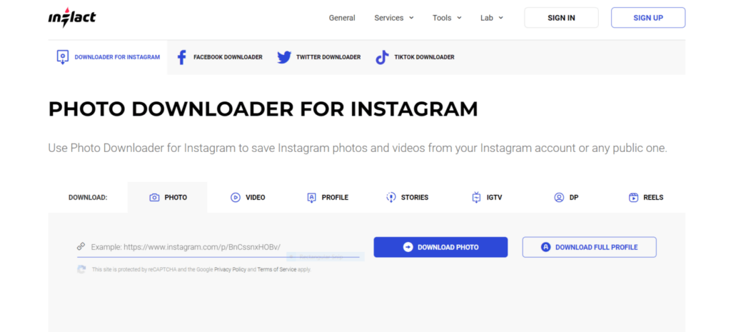 Homepage of Inflact Instagram photo downloader