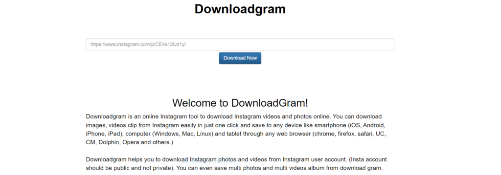 Homepage of Downloadgram website
