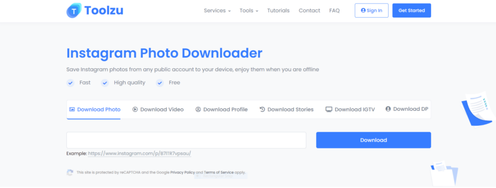 Landing page of Toolzu photo downloader