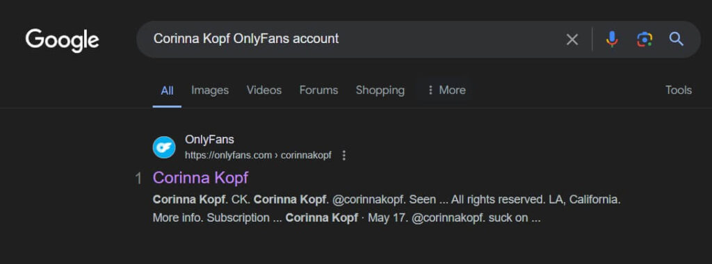 searching for Corinna Kopf's OnlyFans on google